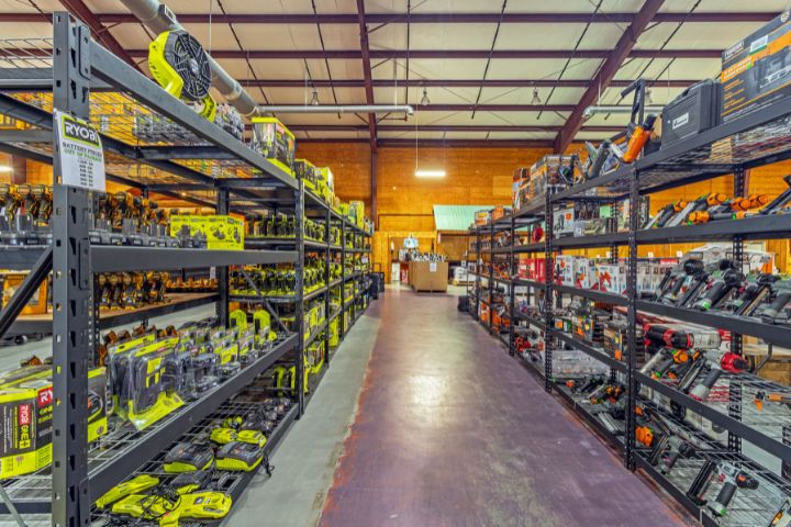 An aisle of Ryobi and Ridgid tools in our Dawsonville, GA store.